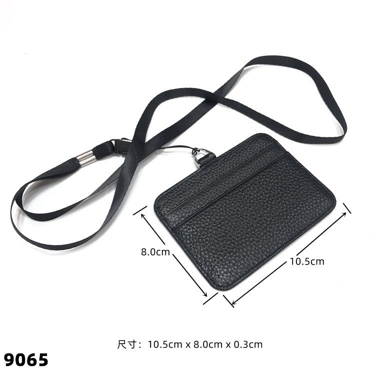 Leather Work Card Id Card Set With Lanyard Men'S Bus Card Bag Women'S Cowhide Small Access Protection Set - Image 4